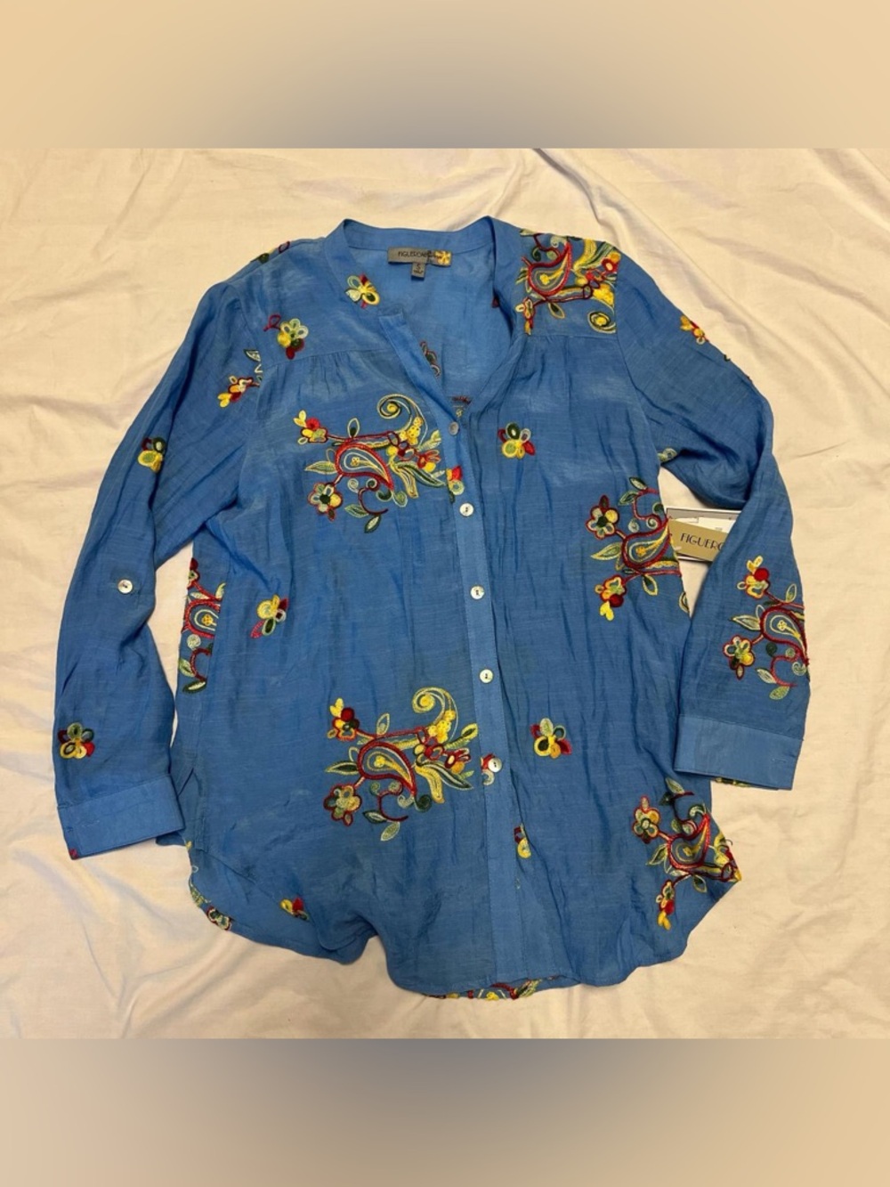 Blue Embroidered Button-Front Blouse with Multicolor Paisley